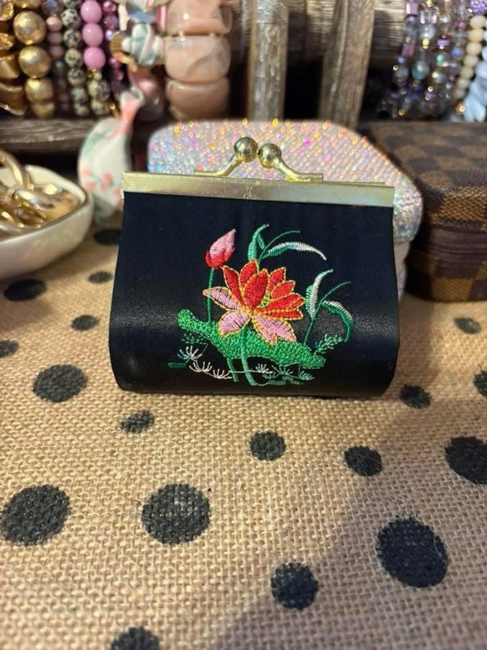 Embroidered Black Satin Coin Purse with Floral Accent